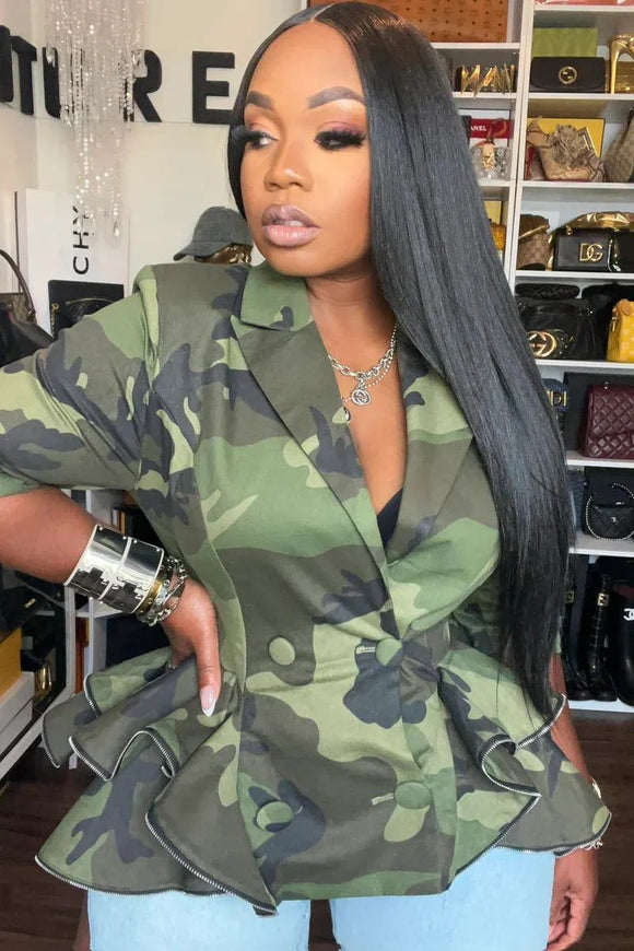 Camo ruffle blazer